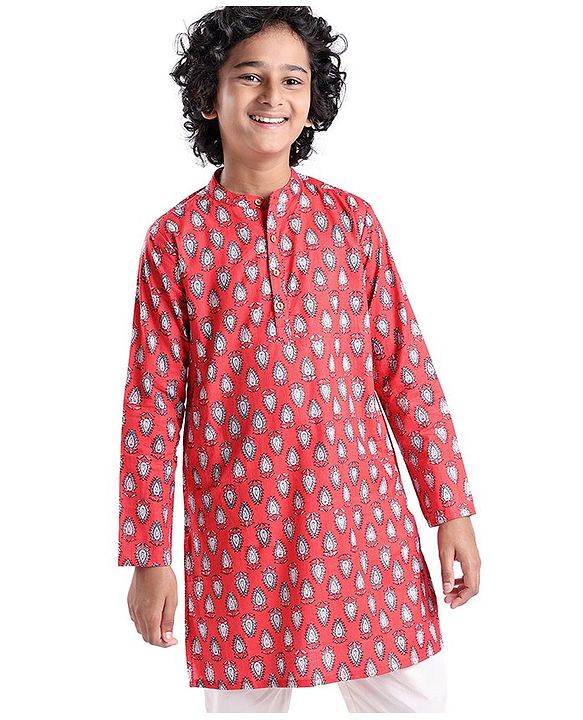 Pine Kids 100% Cotton Woven Full Sleeves Kurta & Pajama Set Floral Print - Maroon
