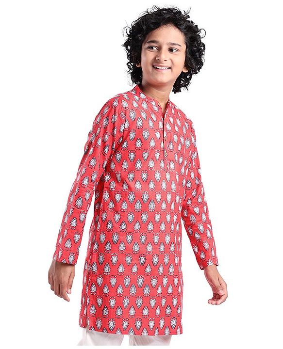 Pine Kids 100% Cotton Woven Full Sleeves Kurta & Pajama Set Floral Print - Maroon