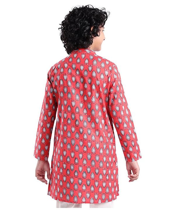 Pine Kids 100% Cotton Woven Full Sleeves Kurta & Pajama Set Floral Print - Maroon