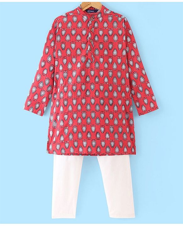 Pine Kids 100% Cotton Woven Full Sleeves Kurta & Pajama Set Floral Print - Maroon