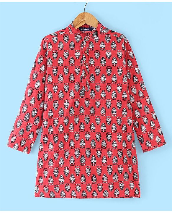 Pine Kids 100% Cotton Woven Full Sleeves Kurta & Pajama Set Floral Print - Maroon