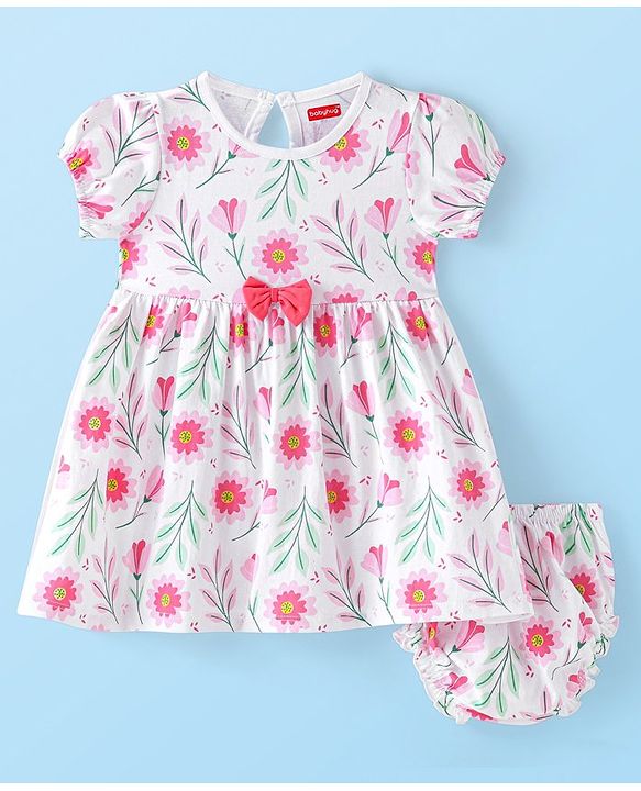 Babyhug 100% Cotton Knit Half Sleeves Frock with Bloomer & Bow Floral Print - White