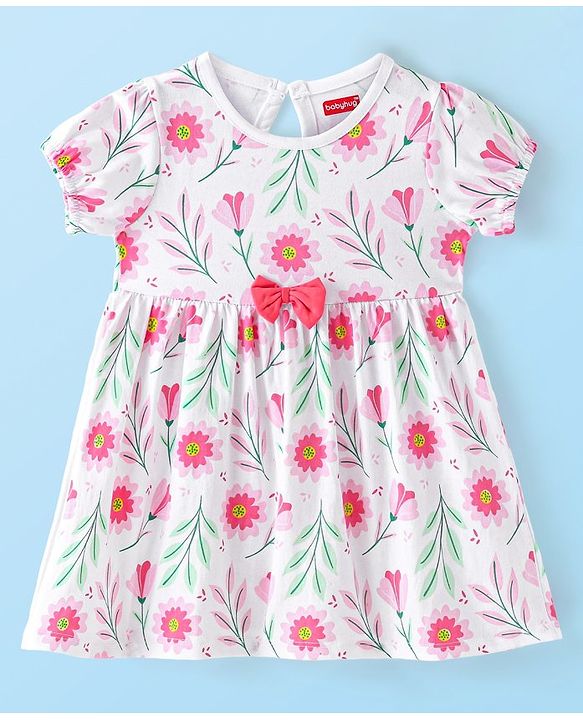Babyhug 100% Cotton Knit Half Sleeves Frock with Bloomer & Bow Floral Print - White