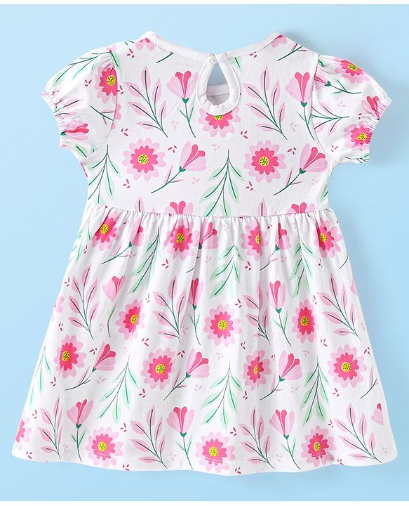 Babyhug 100% Cotton Knit Half Sleeves Frock with Bloomer & Bow Floral Print - White