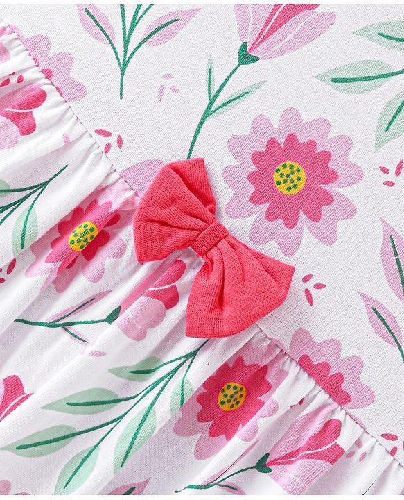 Babyhug 100% Cotton Knit Half Sleeves Frock with Bloomer & Bow Floral Print - White