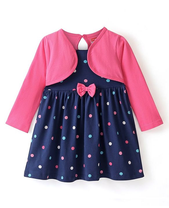 Babyhug 100% Cotton Full Sleeves Frock With Bloomer Polka Dots Print - Pink & Navy Blue