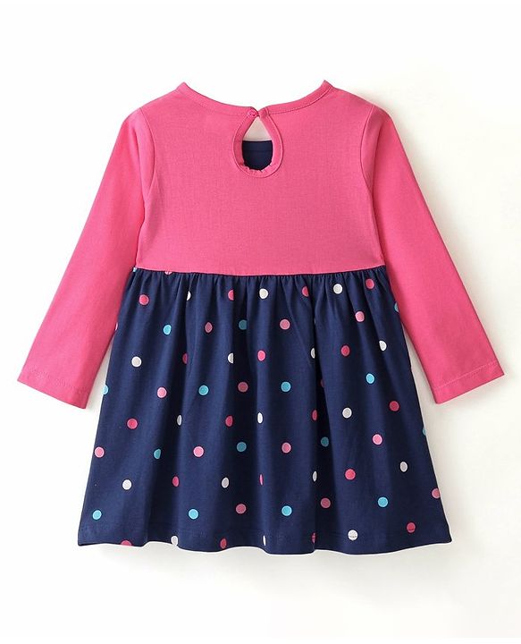 Babyhug 100% Cotton Full Sleeves Frock With Bloomer Polka Dots Print - Pink & Navy Blue
