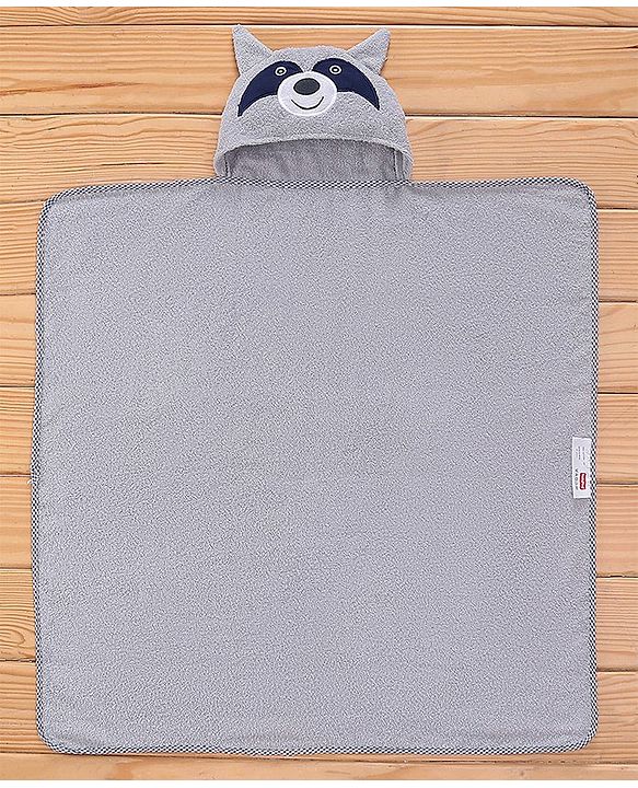 Babyhug Terry Woven Hooded Towel & Wrapper L 76 x B 76 cm Raccoon Print - Grey