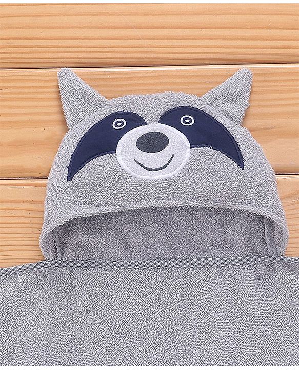 Babyhug Terry Woven Hooded Towel & Wrapper L 76 x B 76 cm Raccoon Print - Grey