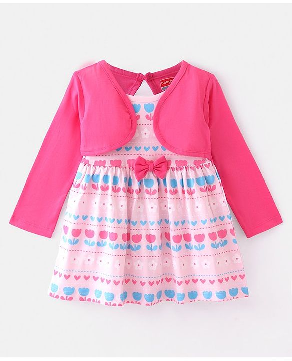 Babyhug 100% Cotton Knit Full Sleeves Floral Print & Bow Applique Frocks with Bloomer - Pink