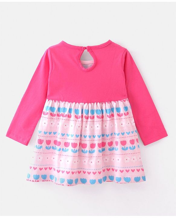 Babyhug 100% Cotton Knit Full Sleeves Floral Print & Bow Applique Frocks with Bloomer - Pink