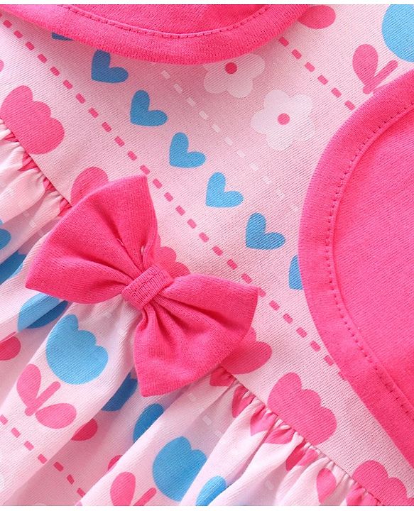 Babyhug 100% Cotton Knit Full Sleeves Floral Print & Bow Applique Frocks with Bloomer - Pink