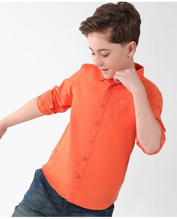 Pine Kids Cotton Full Sleeves Solid Color Shirt - Orange