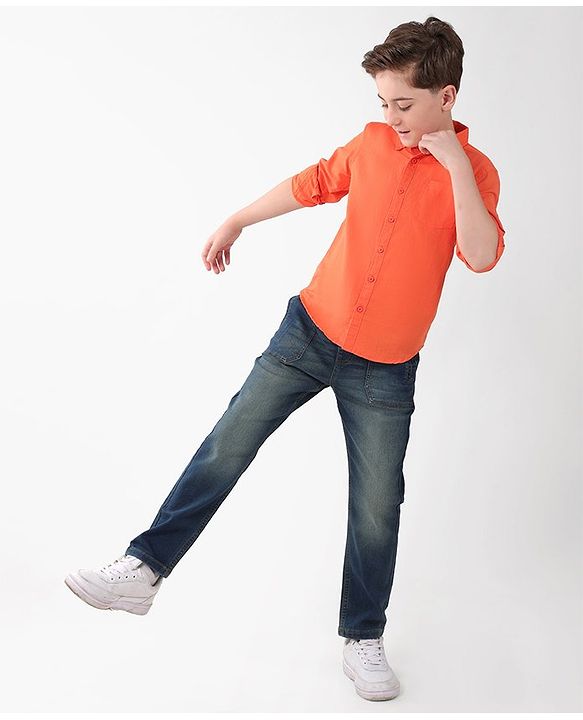 Pine Kids Cotton Full Sleeves Solid Color Shirt - Orange