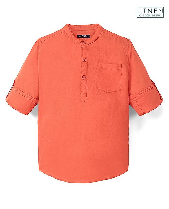 Pine Kids Linen Full Sleeves Solid Color Kurta Shirt - Orange