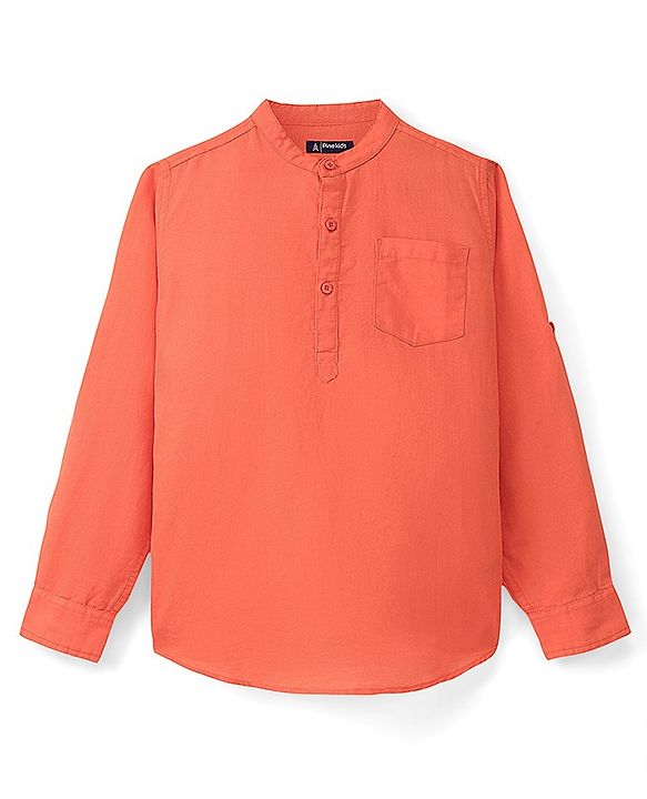 Pine Kids Linen Full Sleeves Solid Color Kurta Shirt - Orange