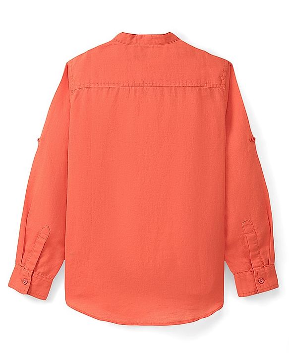 Pine Kids Linen Full Sleeves Solid Color Kurta Shirt - Orange