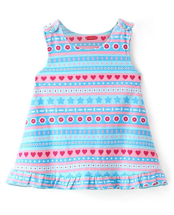 Babyhug 100% Cotton Knit Floral Print Frock with Half Sleeves Solid Color Inner T-Shirt - Blue