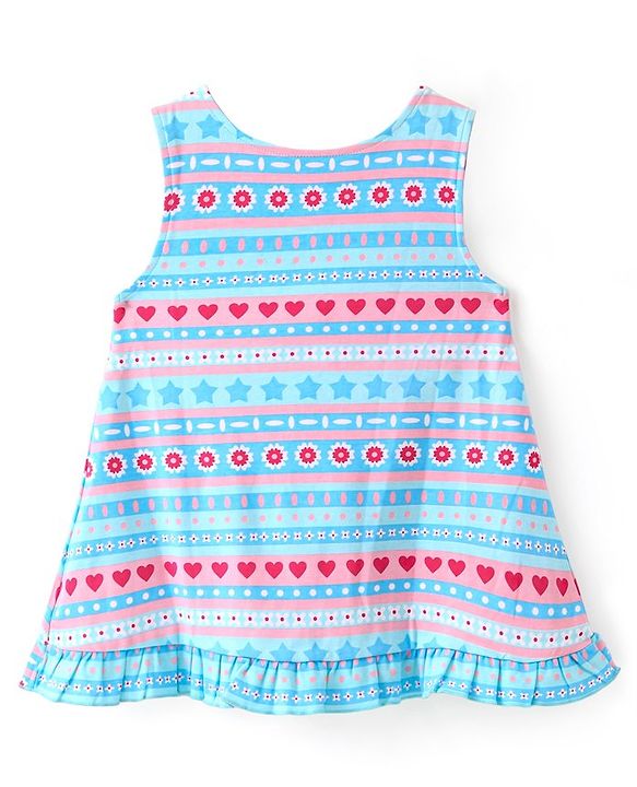 Babyhug 100% Cotton Knit Floral Print Frock with Half Sleeves Solid Color Inner T-Shirt - Blue