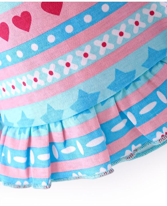 Babyhug 100% Cotton Knit Floral Print Frock with Half Sleeves Solid Color Inner T-Shirt - Blue