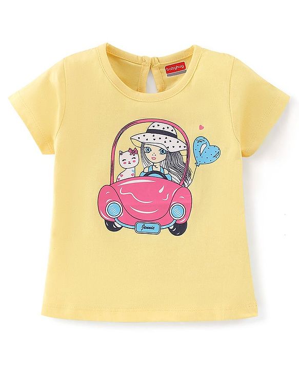 Babyhug 100% Cotton Half Sleeves T-Shirt With Kitty Graphics- Yellow