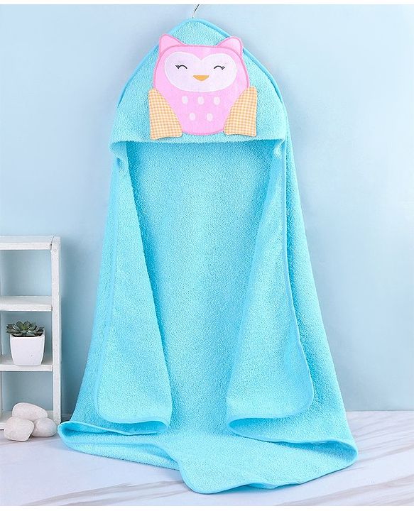 Babyhug Terry Woven Hooded Towel & Wrappers Owl Patch  L 76 x B 76 cm - Aqua Blue