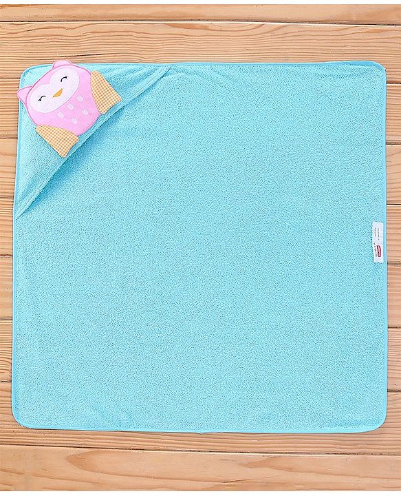 Babyhug Terry Woven Hooded Towel & Wrappers Owl Patch  L 76 x B 76 cm - Aqua Blue