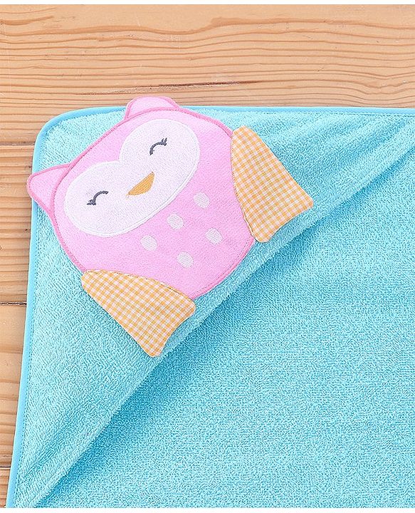 Babyhug Terry Woven Hooded Towel & Wrappers Owl Patch  L 76 x B 76 cm - Aqua Blue