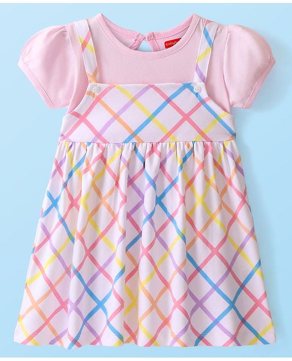 Babyhug 100% Cotton Half Sleeves Frock With Checkered Print - Pink