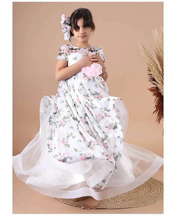 Creation kids party/festive white designer long gown for girls