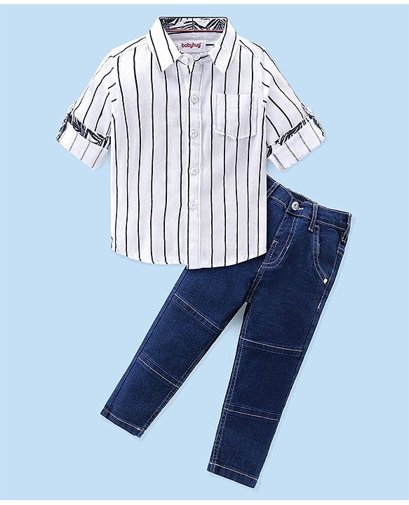 Babyhug 100% Cotton Knit Full Sleeves Shirt & Jeans Striped - White & Blue