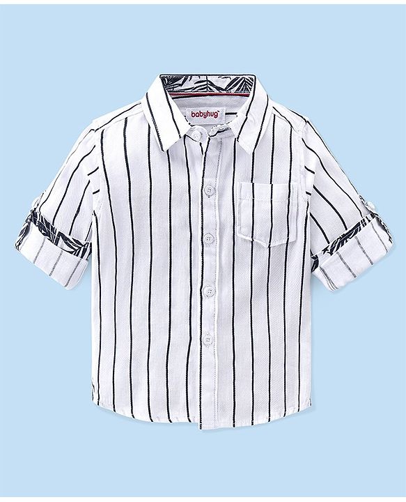 Babyhug 100% Cotton Knit Full Sleeves Shirt & Jeans Striped - White & Blue