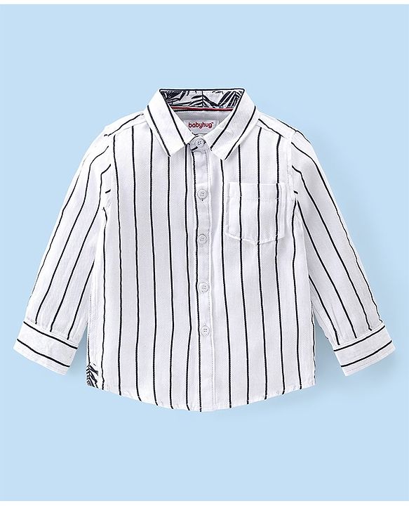 Babyhug 100% Cotton Knit Full Sleeves Shirt & Jeans Striped - White & Blue