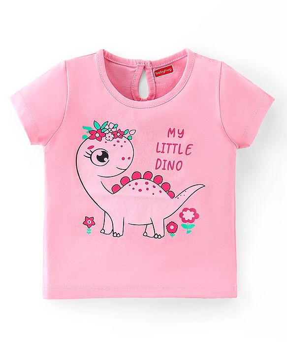 Babyhug 100% Cotton Knit Half Sleeves Top With Dino Graphics - Pink