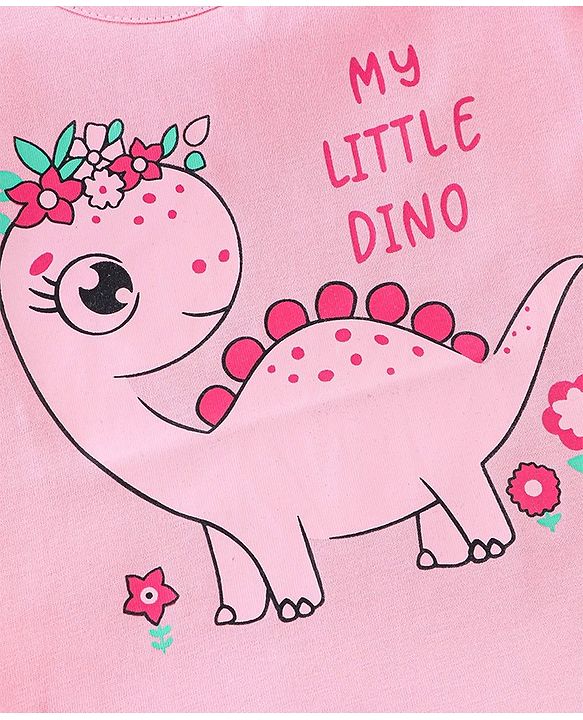 Babyhug 100% Cotton Knit Half Sleeves Top With Dino Graphics - Pink