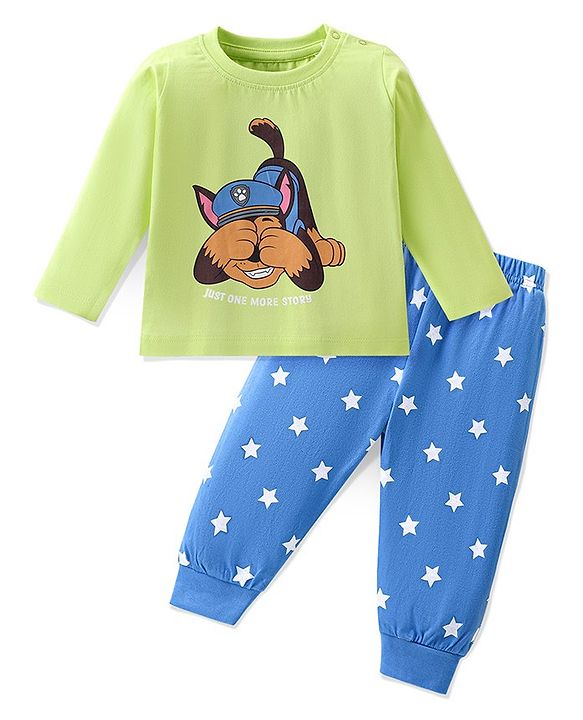 Babyhug Cotton Knit Full Sleeves Paw Patrol Print Night Suit - Green & Blue