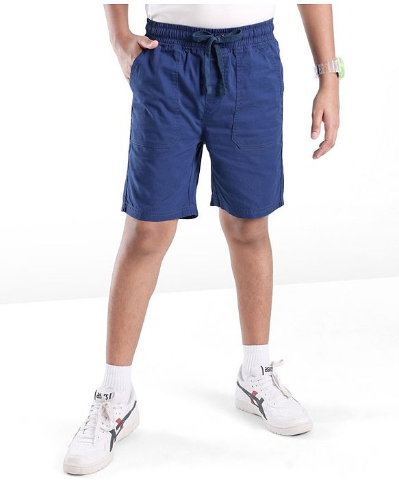 Pine Kids Cotton Woven Above Knee Length Solid Color Stretchable Twill Shorts With Elasticated Waist - Navy Blue