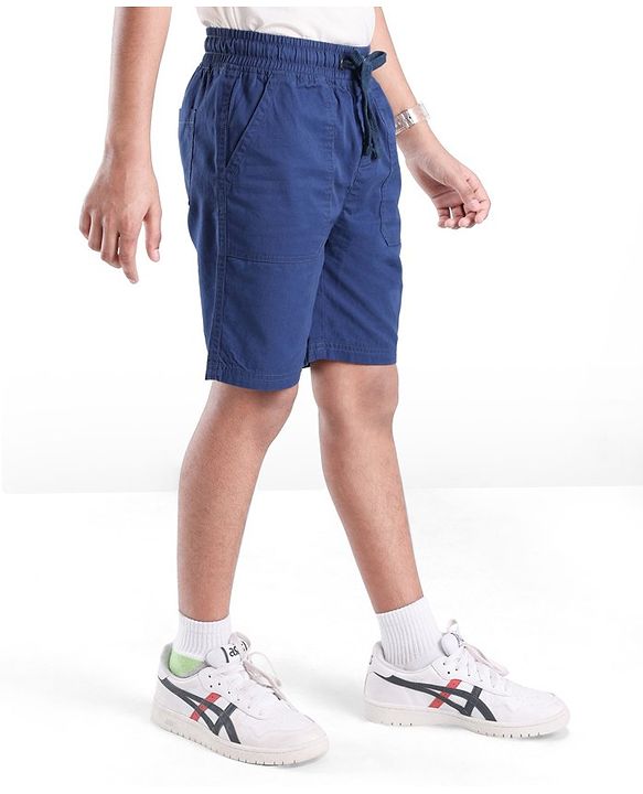 Pine Kids Cotton Woven Above Knee Length Solid Color Stretchable Twill Shorts With Elasticated Waist - Navy Blue