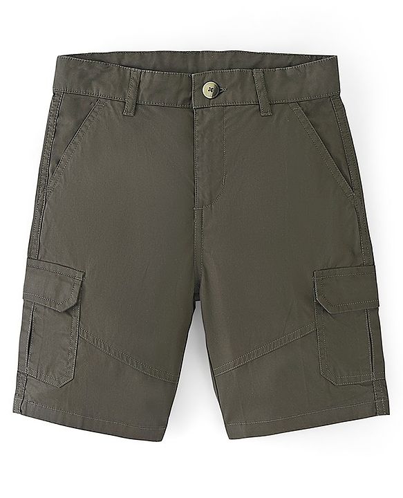 Pine Kids Cotton Woven Solid Shorts with Adjustable Elasticated Waist- Olive