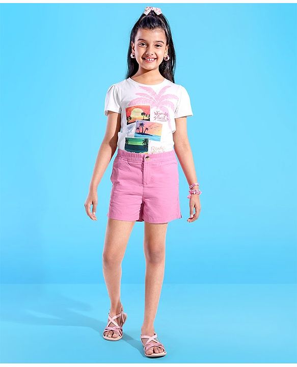 Pine Kids Cotton Woven Solid Shorts with Elasticated Waist- Pink