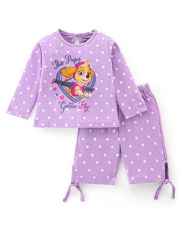Babyhug Cotton Knit Full Sleeves Paw Patrol Print Night Suit - Lavender