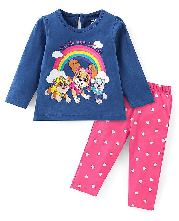 Babyhug Cotton Knit Full Sleeves Night Suit With Paw Patrol Print - Navy Blue & Pink