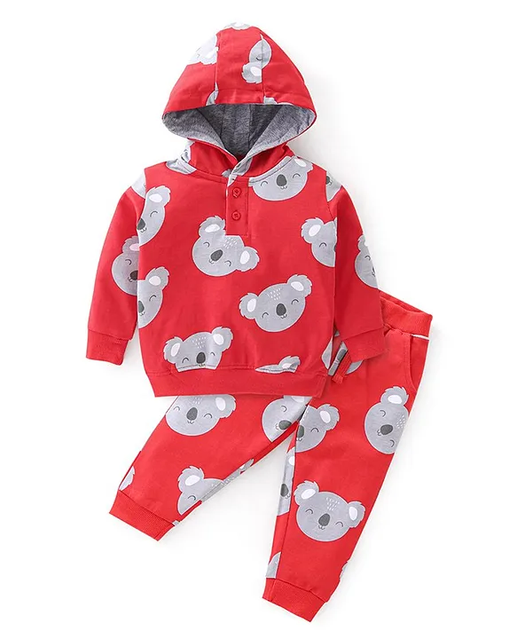 Babyhug 100% Cotton Full Sleeves Hooded T-Shirt & Lounge Pants With Koala  Print - Red