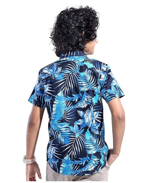 Pine Kids Cotton Woven Half Sleeves Shirt Leafy Print- Blue