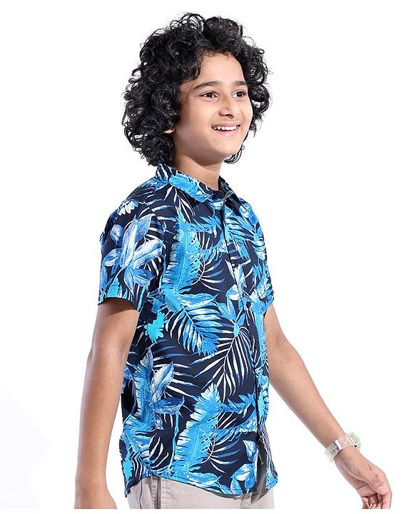 Pine Kids Cotton Woven Half Sleeves Shirt Leafy Print- Blue