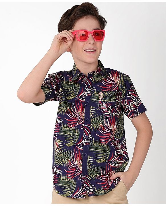 Pine Kids Cotton Half Sleeves Tropical Leaf Printed Shirt - Multicolour
