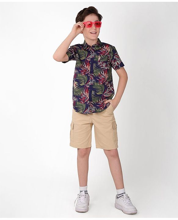 Pine Kids Cotton Half Sleeves Tropical Leaf Printed Shirt - Multicolour