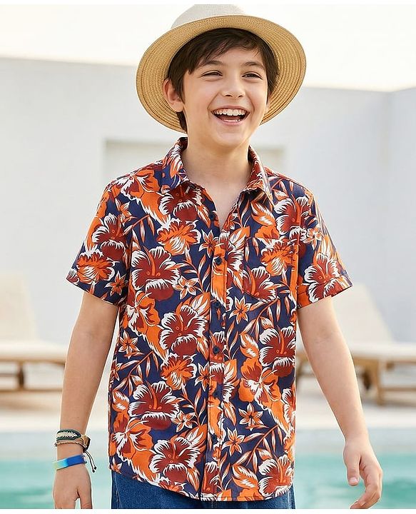 Pine Kids Cotton Half Sleeves Shirt With Tropical Print  - Multicolor