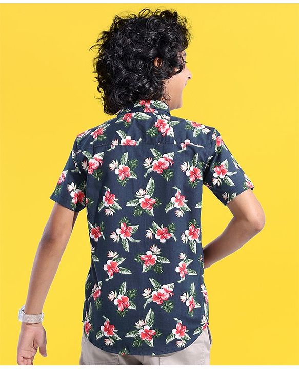 Pine Kids Cotton Half Sleeves Leaves Printed Shirt - Blue