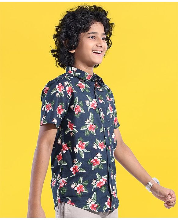 Pine Kids Cotton Half Sleeves Leaves Printed Shirt - Blue